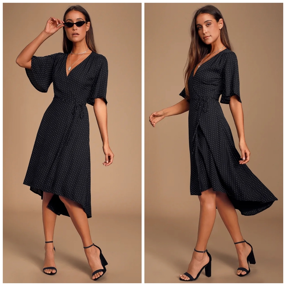 Lulu's Farah Black Triangle Print Midi Wrap Dress